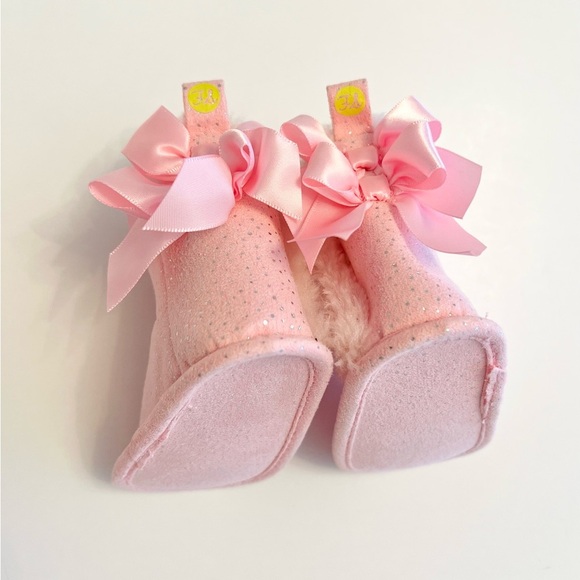 NWOT First Steps Pink Glitter Boots w/Faux Fur & Bow accents Baby Girl 3-6 MTHS - Picture 5 of 8